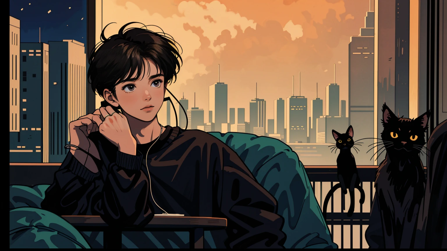 best quality, 8k, 1990s style,2010s hairstyles, 21-year-old boy, black hair, light brown eyes, city pop, pants ,night view, wearing headphones, whole body, relax coffee,table,confection,Looking at me, Black cat