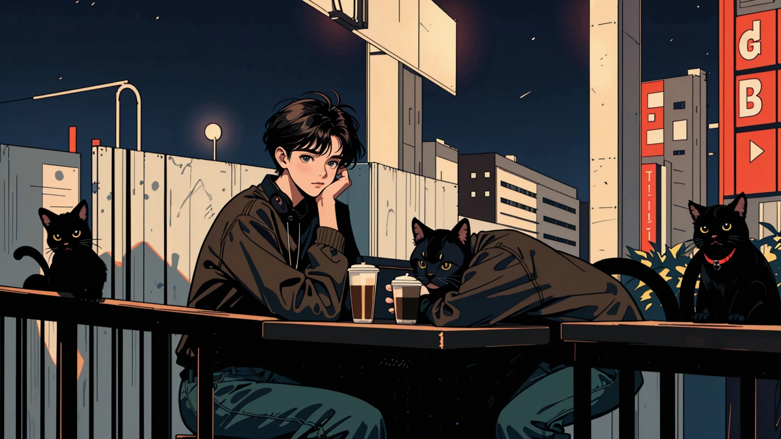 best quality, 8k, 1990s style,2010s hairstyles, 21-year-old boy, black hair, light brown eyes, city pop, pants ,night view, wearing headphones, whole body, relax coffee,table,confection,Looking at me, Black cat