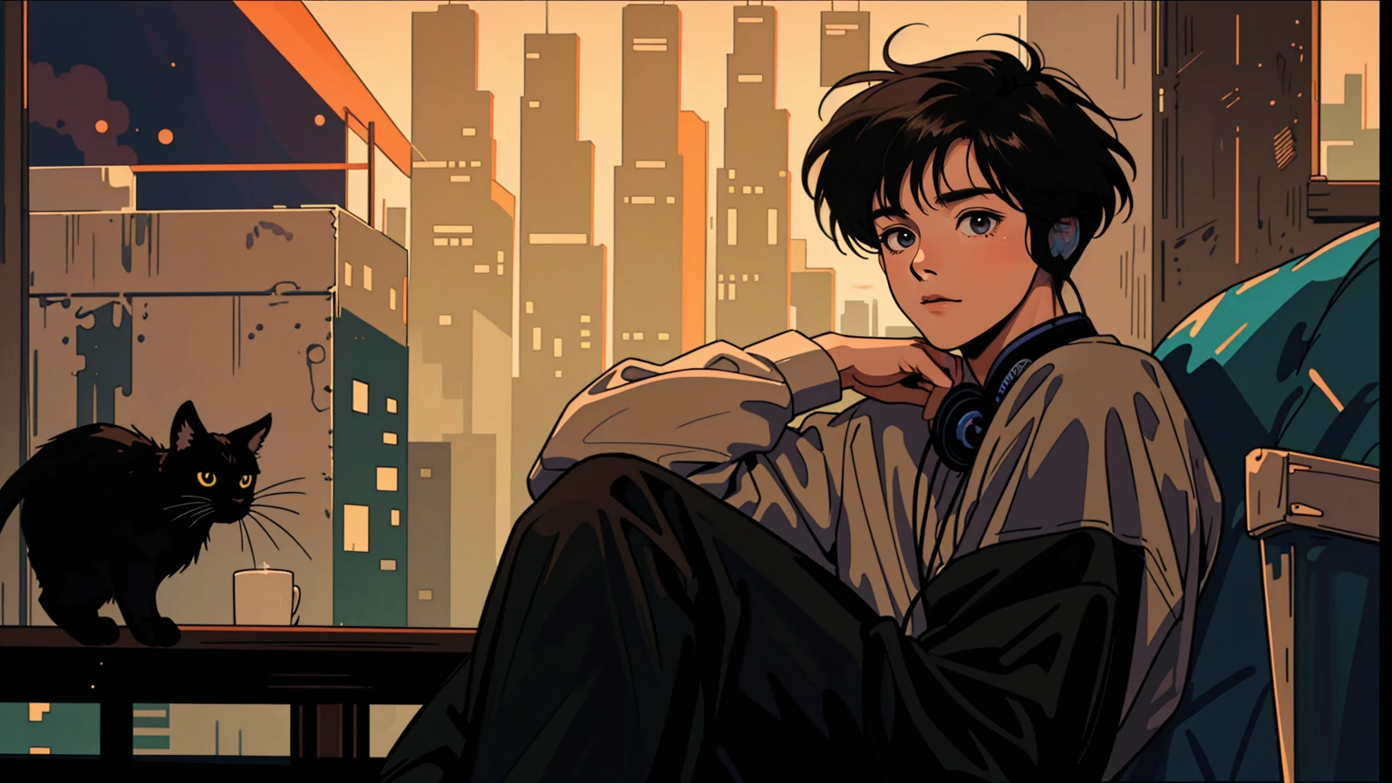 best quality, 8k, 1990s style,2010s hairstyles, 21-year-old boy, black hair, light brown eyes, city pop, pants ,night view, wearing headphones, whole body, relax coffee,table,confection,Looking at me, Black cat