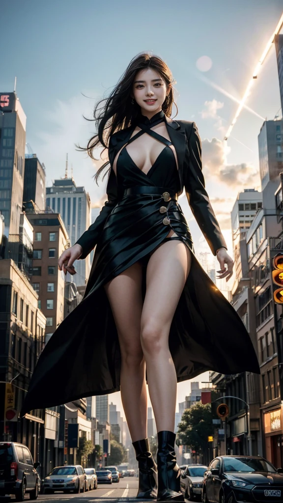 ground view, giantess city, A huge girl who is 500 feet tall., skyscrapers, incredibly long legs, stepping on the crowd, many people on the street, a pair of huge tits, black hair down to waist, black stylish suit, Short skirts that show panties, looking happy, standing on a broken car, burning street, beautiful appearance, exquisite makeup，quality，8k，高quality，perfect proportions, Cinema Lighting，film grain，8k，textured skin，super detail，high detail，high quality，high resolution，To explode，fake laugh