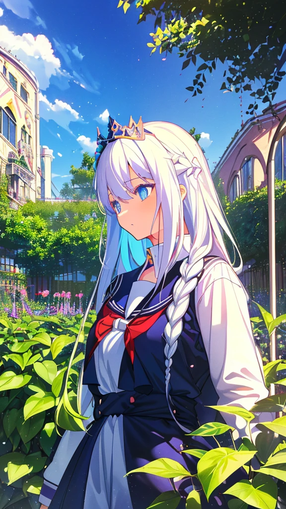 best quality, extremely detailed,anime style girl,long hair down to the waist, straight hair, ((dark black hair with bluish)),braid,beautiful detailed eyes, pinched eyes, (dark blue eyes),huge breasts,curvy,((((white main brightly colored princess school uniform)))),clothing with complex patterns,cool expression,((((school garden)))),((Diagonal angle)),dynamic angle