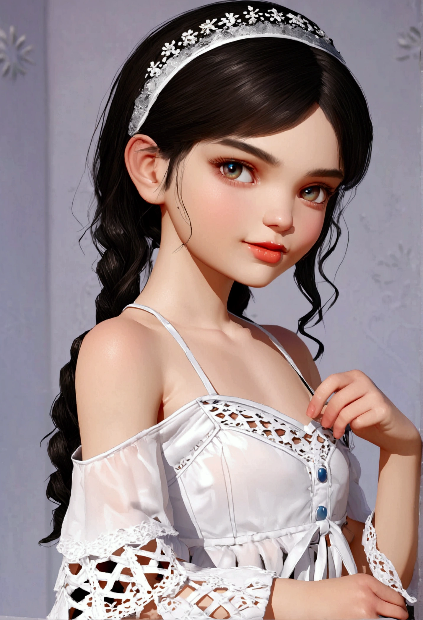 Dizet is a 3D realistic caricature of a sweet 10 year old girl, straight wavy black hair, wearing casual 80s clothes, worn jeans.