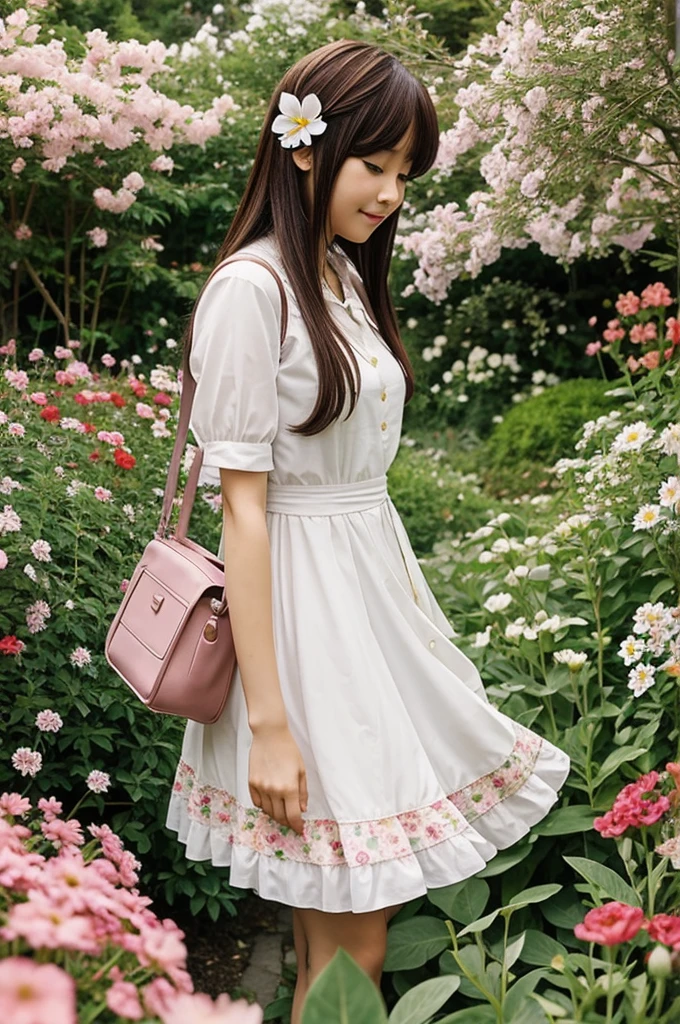 A cute anime girl in a flower garden