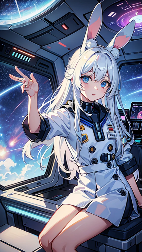 universe飞船在外太空飞行. A girl with long white hair and bunny ears sits in the cockpit of a sci-fi spaceship and looks out the window. She saw the cosmic scenery outside the window. Two buttons replace the eyes,Long white hair, Close-up of face, Long-term perspective, 4K, universe, nebula, galaxy, Starship, Alien Spaceship, window, mechanical, Cyberpunk