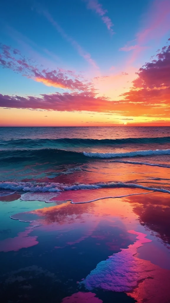 We had a beautiful sunset,The background is the sea,Colorful Sky,Surreal colors,Colorful sunset,Colorful Sky,Beautiful skyの反射,Beautiful sky,Fantastic atmosphere 8K,Colorful flowing clouds,Colors reflected in the sea,Surreal Sky,Red and blue reflections,Fire Reflection,Beautiful sky,Beautiful and spectacular sunset,Beautiful dreamy landscape,Beautiful sky