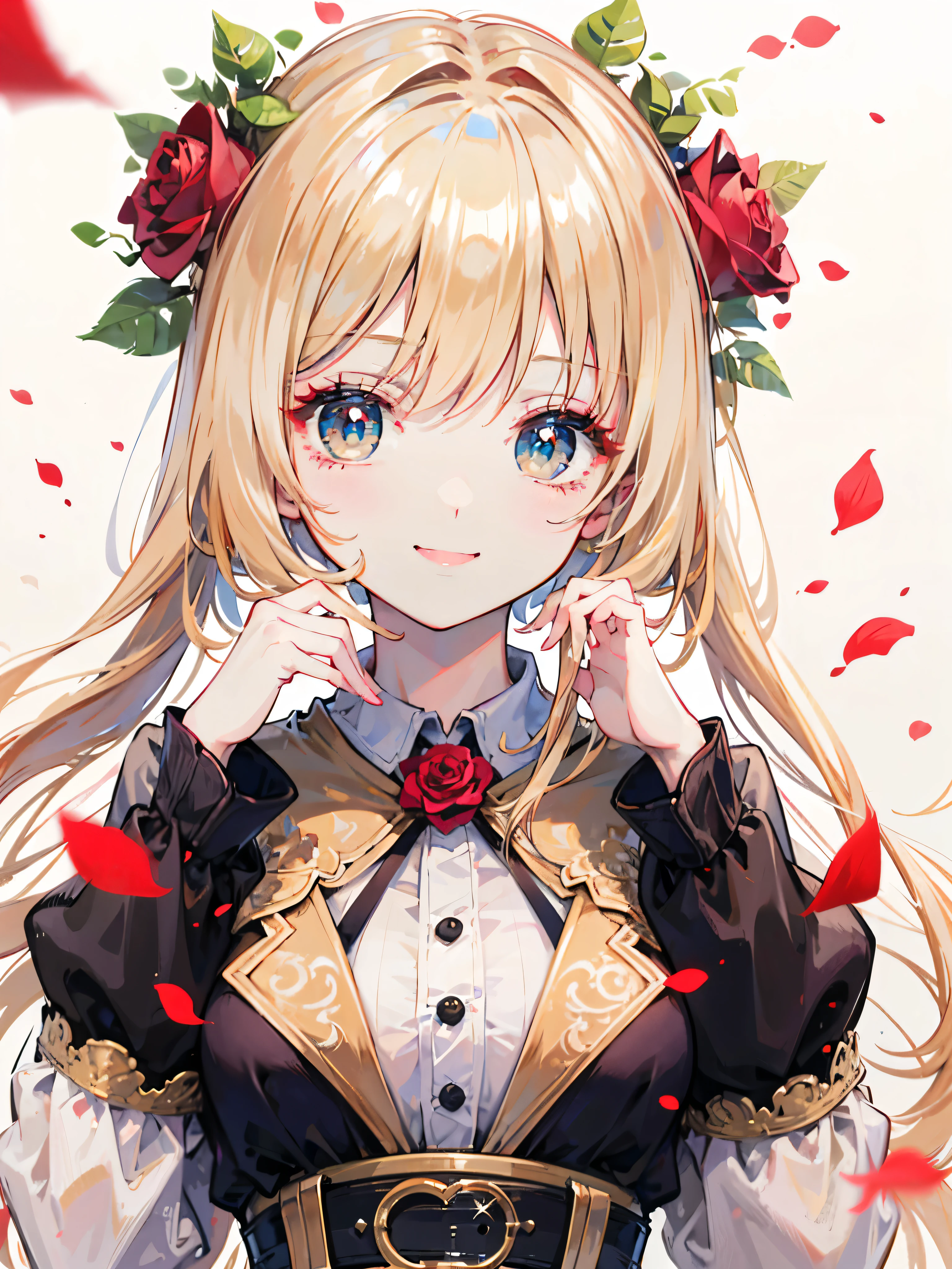 Beige hair and beautiful eyes、 long hair、Shiny Hair、high quality、Rose petals fluttering Background、White Background、Rose、smile