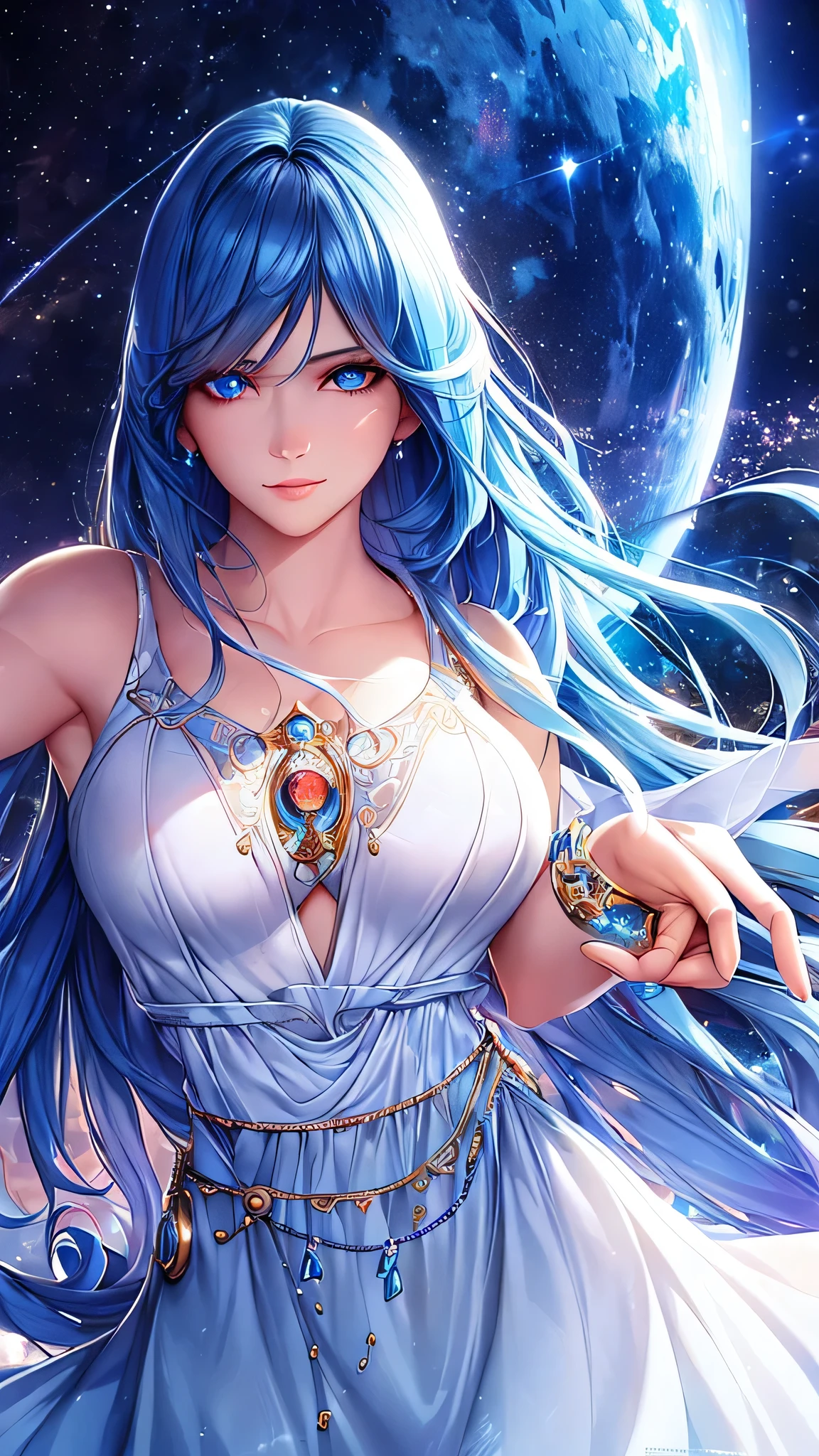 A young woman with sky blue hair and red eyes playing a violin on the water, surrounded by a fantasy night sky with colorful stars and a comet, wearing a black military uniform and closing one eye, (best quality,8k,highres,masterpiece:1.2),ultra-detailed,(realistic,photorealistic,photo-realistic:1.37),portrait,fantasy,cinematic lighting,dramatic colors,highly detailed facial features,beautiful detailed eyes,beautiful detailed lips,extremely detailed eyes and face,long eyelashes,elegant pose,magical atmosphere,dramatic sky,glowing celestial objects
