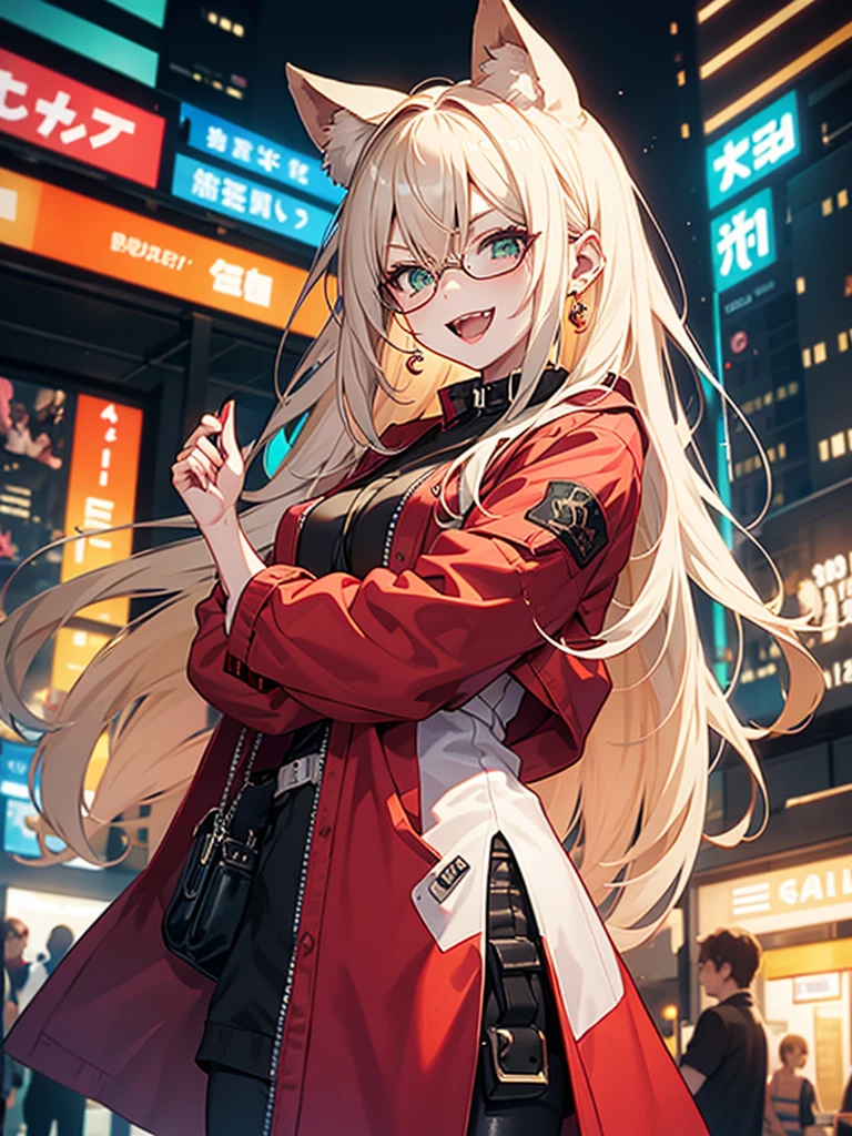 woman、Early 20s、Wicked Smile、Blonde、Long Hair、Green Eyes、Red lens sunglasses、Face close-up、sexy、sexyなポーズ、Black tube top、Bright red long coat、R-18、City of night