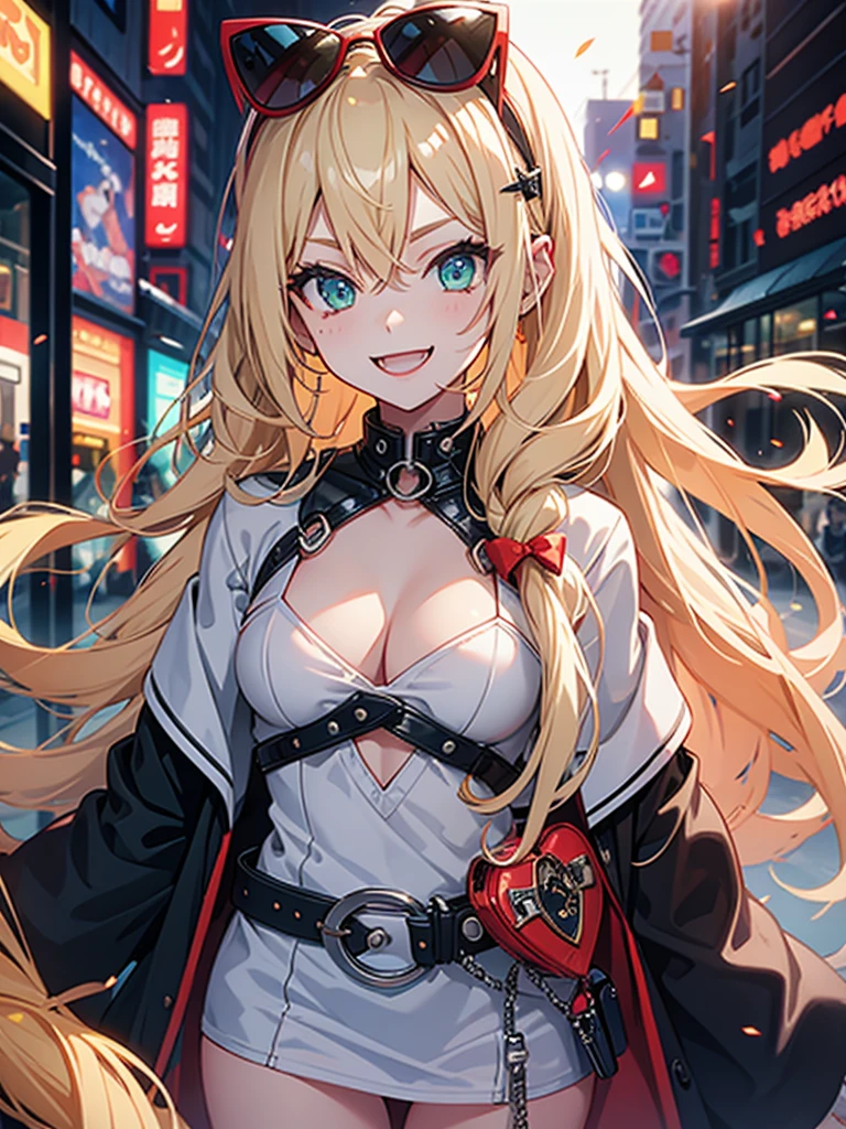 woman、Early 20s、Wicked Smile、Blonde、Long Hair、Green Eyes、Red lens sunglasses、Face close-up、sexy、sexyなポーズ、Black tube top、Bright red long coat、R-18、City of night
