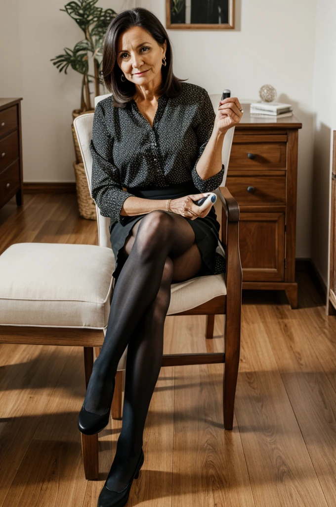 A mature woman wearing a blouse skirt black tights sitting on a wooden chair in a living room holding a hairbrush in her hands