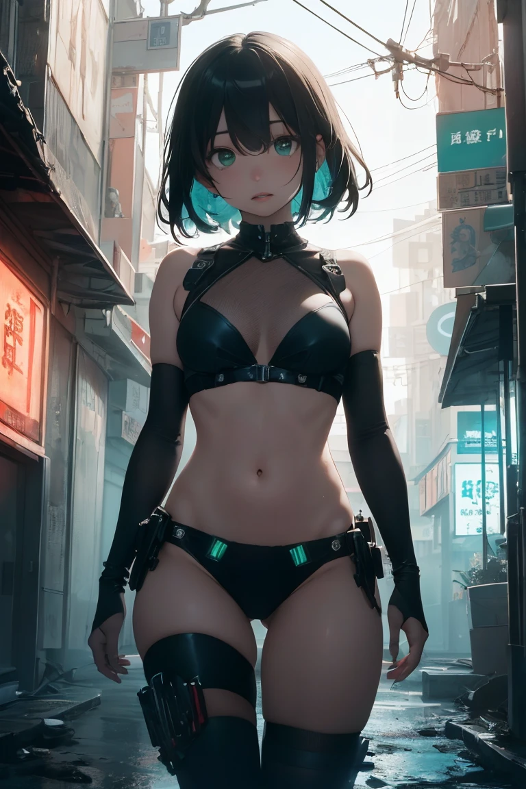 Cyberpunk cityscape, young woman with long black hair wearing an emerald green powered exosuit, standing in a contemplative pose amidst the neon-lit ruins, textured digital art with muted tones and subtle ambient noise, detailed and intricate illustration, dystopian and gritty yet beautiful, a glimmer of hope in the decay,Fish Girl in Sci-fi translucent mechanical bikini ++,The bikini is see-through and sparklyMonochrome Tiffany Blue, Highest quality, Super Fine, 16K, Unbelievably absurd, 非Always Details, delicate and dynamic, pretty girl, Three-dimensional effect expressed through light and shadow, Eye-catching effect, modern art, Monochrome Tiffany Blue, Highest quality, Super Fine, 16K, Unbelievably absurd, 非Always Details, delicate and dynamic, pretty girl, Three-dimensional effect expressed through light and shadow,Low - Angle、 Emerald green eyes、Part of the clothing is see-through、,Cinematic Light,,Small breasts,short hair,(Character Focus),sf,The machine&#39;s giant mechanical arm、,wide bob cut, Cinematic composition、Unexpected angles、born々New skin texture、Arm hair、Realistic skin texture (1.8), Pore details (1.7), Fine vellus hair (1.7), Micro skin relief (1.6), Natural skin moisture (1.5), Skin translucency (1.6), Soft skin highlights (1.7), Subtle goosebumps (2.5), Subsurface scattering (1.7), Macro skin detail (1.8)Black sleeveless、pores、 Dark Room,Always Details,finely,High resolution, HDR,Deep Shadows,High Contrast,(8k、born写真、Highest quality、masterpiece:1.2)、(Realistic,Photorealistic:1.8) ,whole body,Amazing beautiful eyes,Natural Lip,(Saggy breasts:1.1)（ Squint eyes :1.5）1 girl、Seeing the viewer、Beautifully detailed face,,Half-open mouth,、narrow,Floating Hair,Monochrome Tiffany Blue, Highest quality, Super Fine, 16K, Unbelievably absurd, 非Always Details, delicate and dynamic, pretty girl, Three-dimensional effect expressed through light and shadow, Eye-catching effect, modern art, Monochrome Tiffany Blue, Highest quality, Super Fine, 16K, Unbelievably absurd, 非Always Details, delicate and dynamic, pretty girl, Three-dimensional effect expressed through light and shadow,Low - Angle、 Emerald green eyes、Part of the clothing is see-through、Cinematic angles、optical fiber、Connected Cord、Illuminated parts See-through parts、