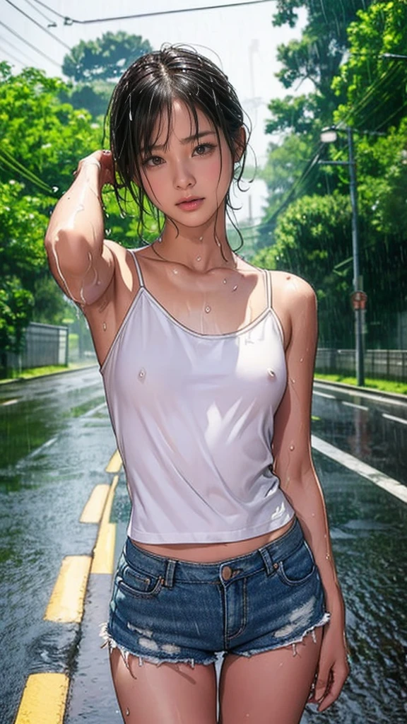 ((masterpiece,Highest quality;1.3,Best illustrations)), ((get wet:1.5)), (Raise your arms, Please show me your armpits:1.3), (Beautiful breasts, Large Breasts), Cowboy Shot,1 girl、-yeld gialone,((very small head:1.5)),Black Hair, Bobcut, Open forehead, short hair,((Toned body, Slender body, skinny)),Glowing Skin, Glowing Skin, Oily skin, (Soaked in the rain、camisole、Micro Shorts)、heavy rain、rain、on the road,Tokyo,