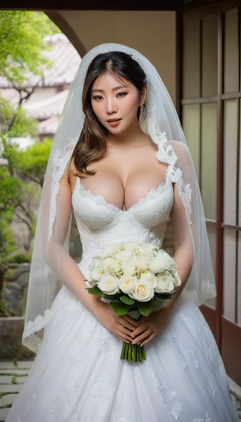 Girl with huge breasts wearing a bra and a wedding dress with a lace neckline with a veil and a bouquet in a Japanese courtyard