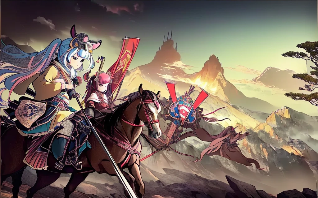 Female, (girls:1.ceptional, best aesthetic, new, newest, best quality, anime, waifu:1.2), best quality, ultra detailed, absurdres, highres, colored, good , Japanese Samurai armor, swords, Kimono clothes, capes, cavalry, horse, horsemen, horsemen holding spear, red flags Japanese castle, mountain, tree