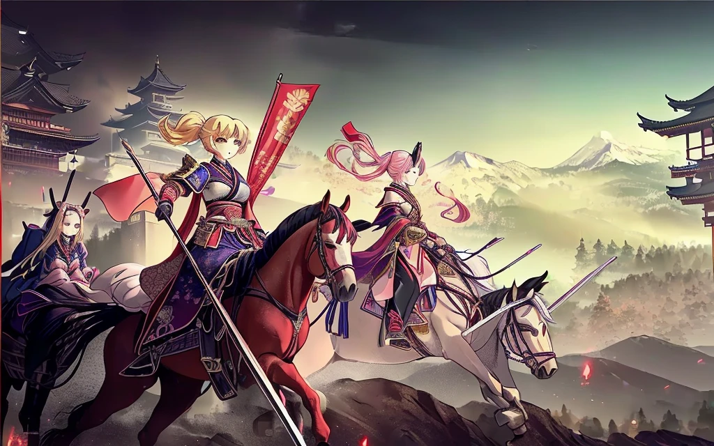 Female, (girls:1.5), (exceptional, best aesthetic, new, newest, best quality, anime, waifu:1.2), best quality, ultra detailed, absurdres, highres, colored, good anatomy, Japanese Samurai armor, swords, Kimono clothes, capes, cavalry, horse, horsemen, horsemen holding spear, red flags Japanese castle, mountain, tree