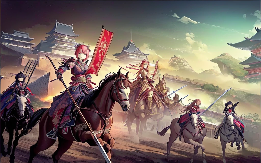 Female, (girls:1.5), (exceptional, best aesthetic, new, newest, best quality, anime, waifu:1.2), best quality, ultra detailed, absurdres, highres, colored, good anatomy, Japanese Samurai armor, swords, Kimono clothes, capes, cavalry, horse, horsemen, horsemen holding spear, red flags Japanese castle, mountain, tree