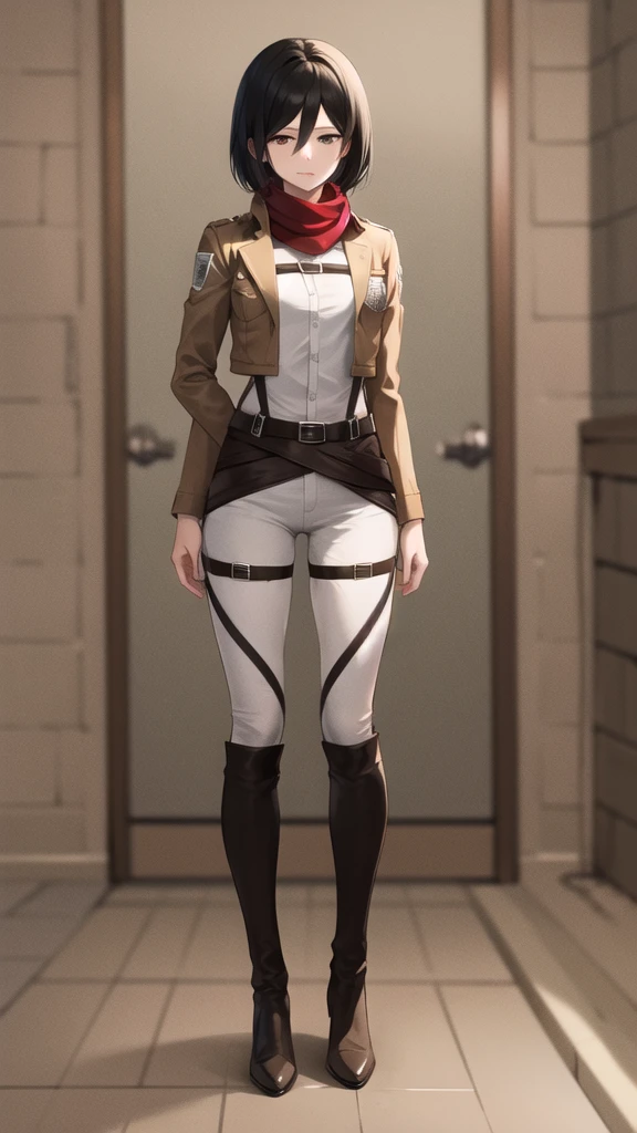 masterpiece, best quality, highres, hmmikasa, short hair, black eyes, scarf, emblem, belt, thigh strap, red scarf, white pants, brown jacket, long sleeves, cowboy shot, standing, full body