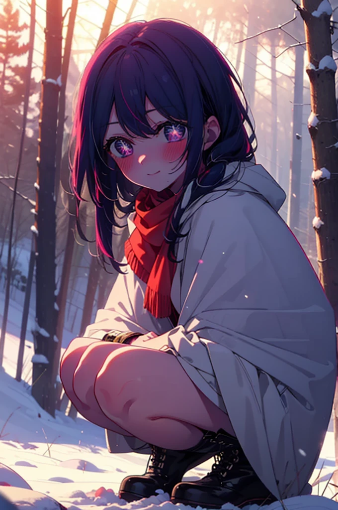 aihoshino, Ai Hoshino, Long Hair, bangs, (Purple eyes:1.1), Purple Hair, (Symbol-shaped pupil:1.5), smile,,smile,blush,white breath,
Open your mouth,snow,Ground bonfire, Outdoor, boots, snowing, From the side, wood, suitcase, Cape, Blurred, , forest, White handbag, nature,  Squat, Mouth closed, Cape, winter, Written boundary depth, Black shoes, red Cape break looking at viewer, Upper Body, whole body, break Outdoor, forest, nature, break (masterpiece:1.2), Highest quality, High resolution, unity 8k wallpaper, (shape:0.8), (Beautiful and beautiful eyes:1.6), Highly detailed face, Perfect lighting, Extremely detailed CG, (Perfect hands, Perfect Anatomy),