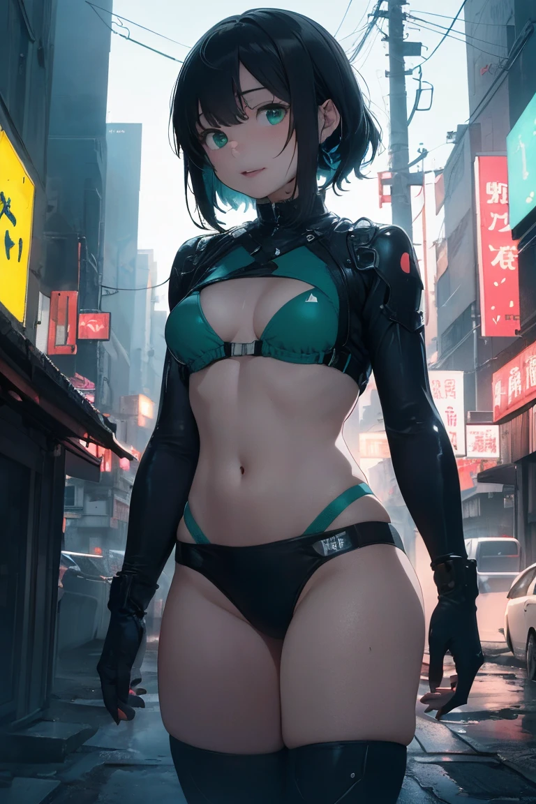 Cyberpunk cityscape, young woman with long black hair wearing an emerald green powered exosuit, standing in a contemplative pose amidst the neon-lit ruins, textured digital art with muted tones and subtle ambient noise, detailed and intricate illustration, dystopian and gritty yet beautiful, a glimmer of hope in the decay,Fish Girl in Sci-fi translucent mechanical bikini ++,The bikini is see-through and sparklyMonochrome Tiffany Blue, Highest quality, Super Fine, 16K, Unbelievably absurd, 非Always Details, delicate and dynamic, pretty girl, Three-dimensional effect expressed through light and shadow, Eye-catching effect, modern art, Monochrome Tiffany Blue, Highest quality, Super Fine, 16K, Unbelievably absurd, 非Always Details, delicate and dynamic, pretty girl, Three-dimensional effect expressed through light and shadow,Low - Angle、 Emerald green eyes、Part of the clothing is see-through、,Cinematic Light,,Small breasts,short hair,(Character Focus),sf,The machine&#39;s giant mechanical arm、,wide bob cut, Cinematic composition、Unexpected angles、born々New skin texture、Arm hair、Realistic skin texture (1.8), Pore details (1.7), Fine vellus hair (1.7), Micro skin relief (1.6), Natural skin moisture (1.5), Skin translucency (1.6), Soft skin highlights (1.7), Subtle goosebumps (2.5), Subsurface scattering (1.7), Macro skin detail (1.8)Black sleeveless、pores、 Dark Room,Always Details,finely,High resolution, HDR,Deep Shadows,High Contrast,(8k、born写真、Highest quality、masterpiece:1.2)、(Realistic,Photorealistic:1.8) ,whole body,Amazing beautiful eyes,Natural Lip,(Saggy breasts:1.1)（ Squint eyes :1.5）1 girl、Seeing the viewer、Beautifully detailed face,,Half-open mouth,、narrow,Floating Hair,Monochrome Tiffany Blue, Highest quality, Super Fine, 16K, Unbelievably absurd, 非Always Details, delicate and dynamic, pretty girl, Three-dimensional effect expressed through light and shadow, Eye-catching effect, modern art, Monochrome Tiffany Blue, Highest quality, Super Fine, 16K, Unbelievably absurd, 非Always Details, delicate and dynamic, pretty girl, Three-dimensional effect expressed through light and shadow,Low - Angle、 Emerald green eyes、Part of the clothing is see-through、Cinematic angles、optical fiber、Connected Cord、Illuminated parts See-through parts、