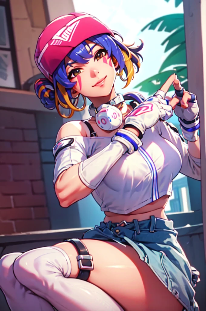 ((masterpiece, best quality)), 1girl, solo, Kiriko LeSserafim, upper body, short hair, brown eyes, multicolored hair, blue hair, yellow highlights, bangs, pink headwear, hair between eyes, (white off-shoulder shirt:1.5), ((gloves:1.5)), pointing to her face, fingerless gloves, hoop earrings, (white shirt:1.5), headphones around neck, thighhigh, white gloves, lace-up boots, boots, gloves, jacket around waist, thighhighs, breasts, headphones, standing, jewelry, bracelet, midriff, white crop top, cross-laced footwear single kneehigh, smile, earrings, jewelry, hat, looking at viewer, makeup, facepaint, facial mark, detached sleeves, lips, indoors, japanese house, hands on her face, portrait,  