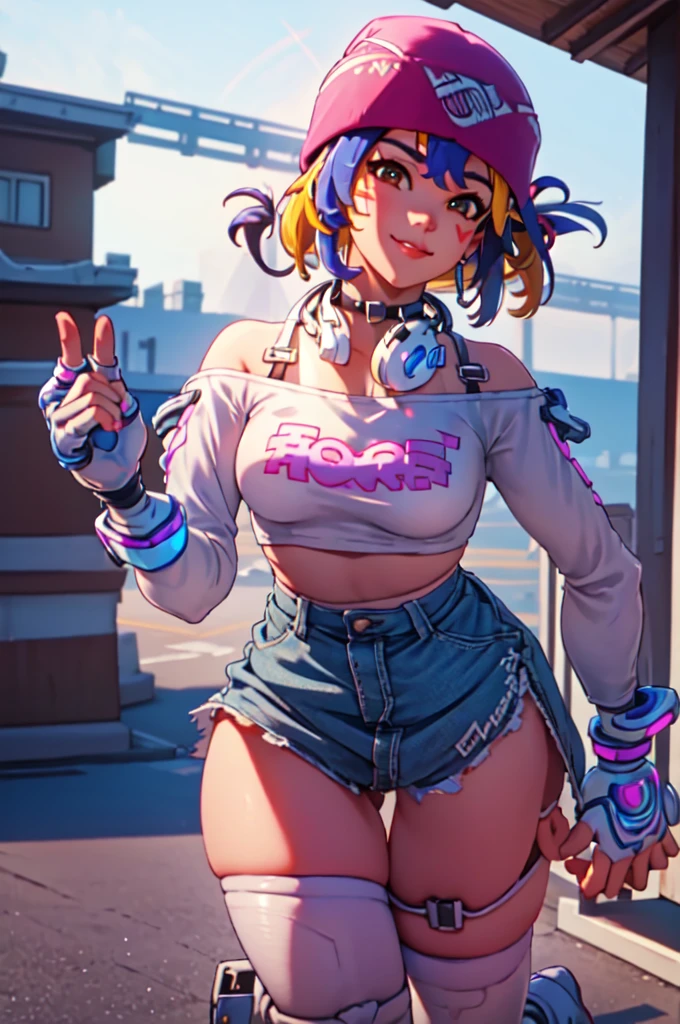 ((masterpiece, best quality)), 1girl, solo, Kiriko LeSserafim, upper body, short hair, brown eyes, multicolored hair, blue hair, yellow highlights, bangs, pink headwear, hair between eyes, (white off-shoulder shirt:1.5), ((gloves:1.5)), pointing to her face, fingerless gloves, hoop earrings, (white shirt:1.5), headphones around neck, thighhigh, white gloves, lace-up boots, boots, gloves, jacket around waist, thighhighs, breasts, headphones, standing, jewelry, bracelet, midriff, white crop top, cross-laced footwear single kneehigh, smile, earrings, jewelry, hat, looking at viewer, makeup, facepaint, facial mark, detached sleeves, lips, indoors, japanese house, hands on her face, portrait,  