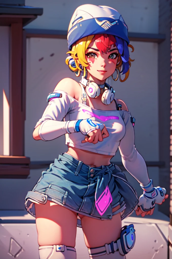 ((masterpiece, best quality)), 1girl, solo, Kiriko LeSserafim, upper body, short hair, brown eyes, multicolored hair, blue hair, yellow highlights, bangs, pink headwear, hair between eyes, (white off-shoulder shirt:1.5), ((gloves:1.5)), pointing to her face, fingerless gloves, hoop earrings, (white shirt:1.5), headphones around neck, thighhigh, white gloves, lace-up boots, boots, gloves, jacket around waist, thighhighs, breasts, headphones, standing, jewelry, bracelet, midriff, white crop top, cross-laced footwear single kneehigh, smile, earrings, jewelry, hat, looking at viewer, makeup, facepaint, facial mark, detached sleeves, lips, indoors, japanese house, hands on her face, portrait,