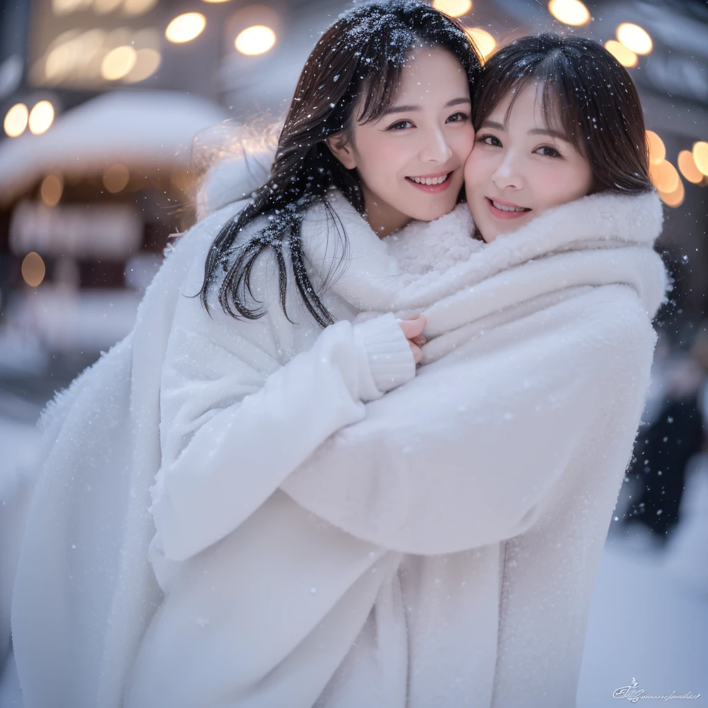 ((best quality、8k、Best image quality、Award-winning works))、A beautiful mature woman、Adults aged 45 years、Look at me and smile、(cleveage:1.1)、(Large Breasts:1.1)、Epic Lighting、(Romantic Feeling:1.2)、(Most romantic、The Moody Vibe:1.2)、(Winter City:1.1)、City snow scene:1.1)、(Snowflakes sparkle in the sky:1.2)、(That&#39;it&#39;Heavy snow:1.1)、(Night view of Snow City:1.5)、Radiant and beautiful skin、Ultra HD Beauty、Long eyelashes、Natural Makeup、Ultra HD hair、Ultra-high resolution eyes、(超高解像度でRadiant and beautiful skin:1.1)、Ultra high resolution glossy lips、Beautiful skin with a radiant glow、Yoga Clothes、Yoga Pants