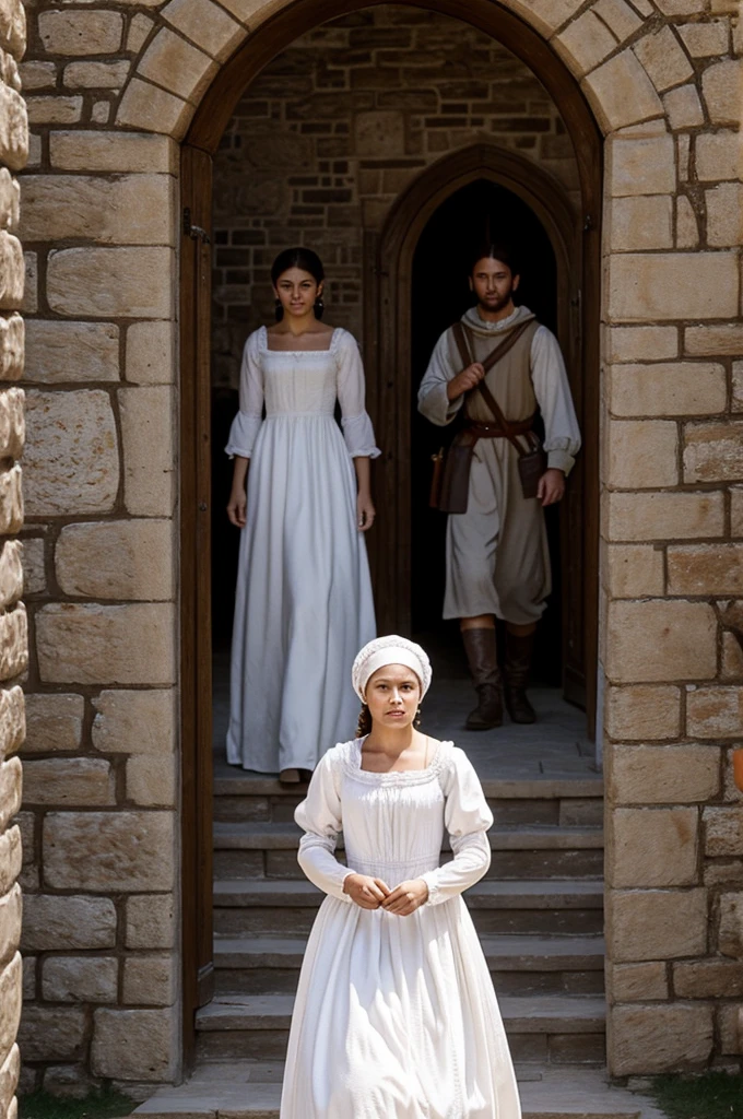 A peasant woman in a white dress wants to enter the castle but two guards do not let her pass.
