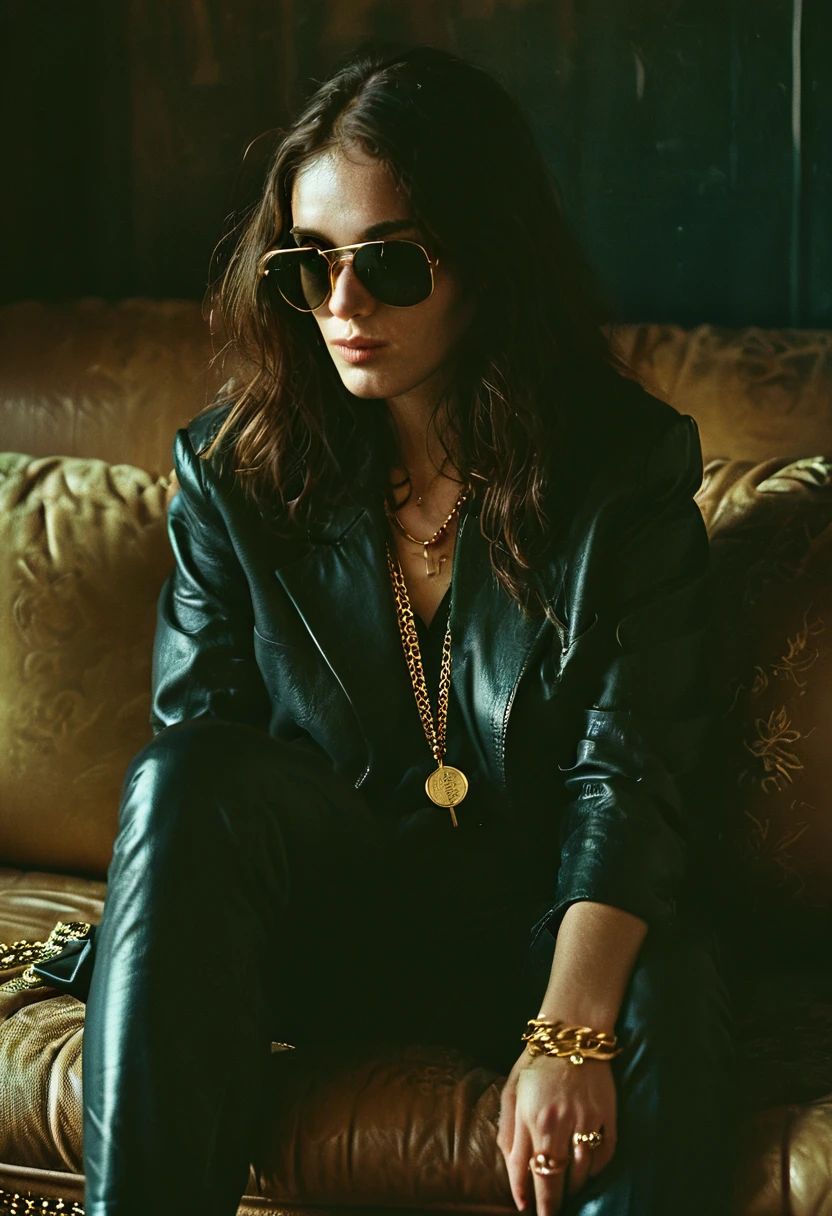 90s woman, gangsta rapper. Boss gangster in sunglasses and gold chain. lounging on a leather couch. Holding a gun. Rapper style apparel, sleek long hair, oversized clothes, photo depth of field, shadows, grainy, seductive analog lofi (by Oleg Oprisco Laura Makabresku), wall, dimly lit, potted plant
