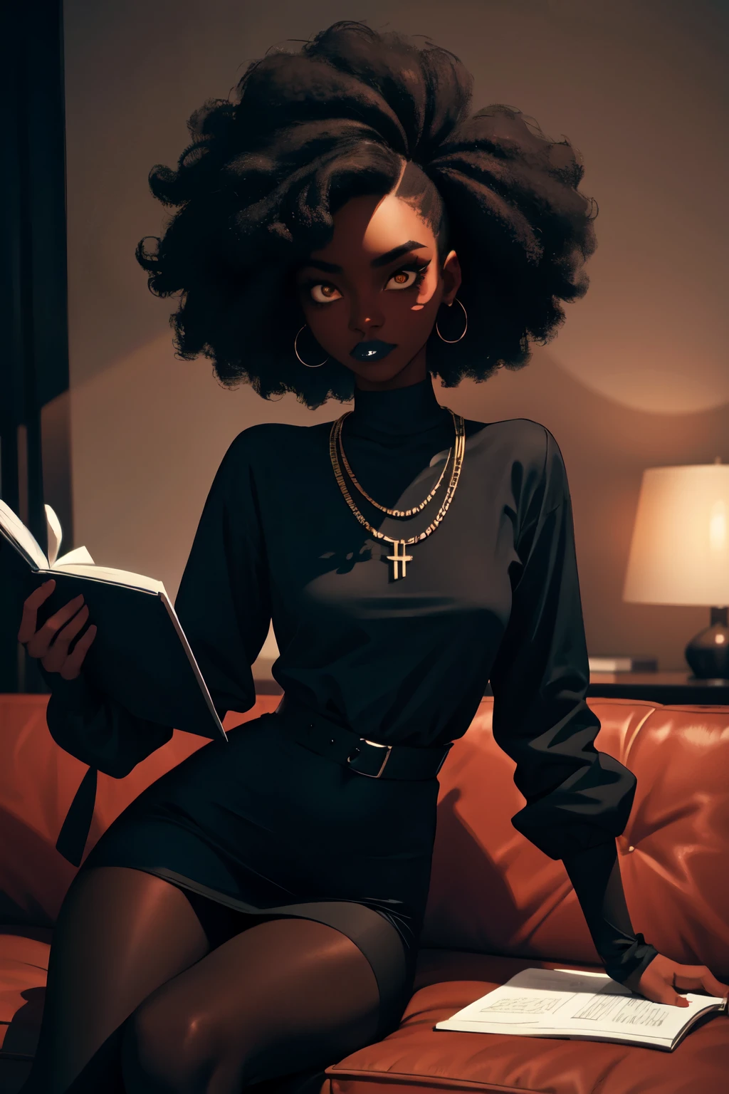 [best quality high-quality high definition, 16k, natural lighting, extremely detailed, highlights, realistic cartoon, modern day, realistic facial proportions, (solo)20-year-old afro goth woman with light brown skin, brown eyes, and long black hair, dressed in torn tights, black lipstick, dark eyeshadow, and black casual dress with long sleeves lounging on a couch in a dorm holding a notebook super realistic illustration