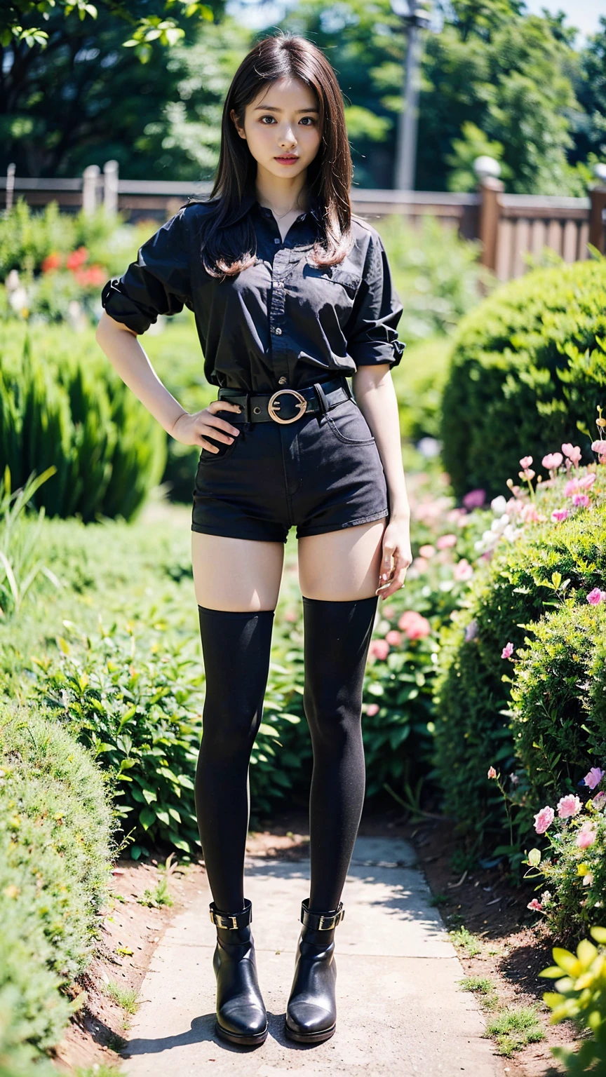 (8k、RAW Photos、Highest quality、masterpiece:1.2)、(Realistic、Realistic)、1 Girl、((Black shorts、Shortcuts、Check shirt、Thin legs、boots、tights、garden、View from the front、Looking at the camera、belt、Hands on your hips))、cute