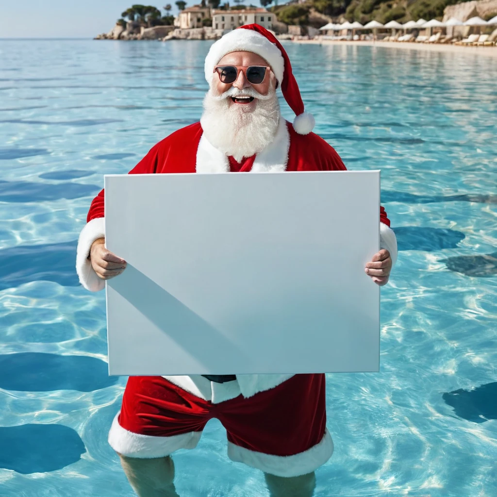 Captures an image from different angles of a swimming pool in which there are white rectangular signs in the water without any text, all posters are the same, In the center of the pool, a fat, smiling Santa Claus bathing in sunglasses floats in the water., very happy and holding a giant blank sign without text in his hands above his head . All the action takes place under a bright sun on a Mediterranean beach with impressive lighting for a perfect shot. Professional photography, 8k, RAW photo, The best quality, masterpiece, photorealistic, Highly detailed, cinematic lighting, sharp focus, réflex digital, high resolution, photorealistic, 