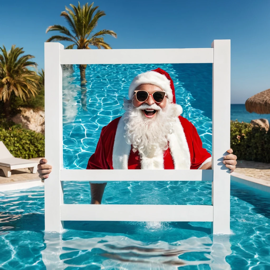 Captures an image from different angles of a swimming pool in which there are white rectangular signs in the water without any text, all posters are the same, In the center of the pool, a fat, smiling Santa Claus bathing in sunglasses floats in the water., very happy and holding a giant blank sign without text in his hands above his head . All the action takes place under a bright sun on a Mediterranean beach with impressive lighting for a perfect shot. Professional photography, 8k, RAW photo, The best quality, masterpiece, photorealistic, Highly detailed, cinematic lighting, sharp focus, réflex digital, high resolution, photorealistic, 