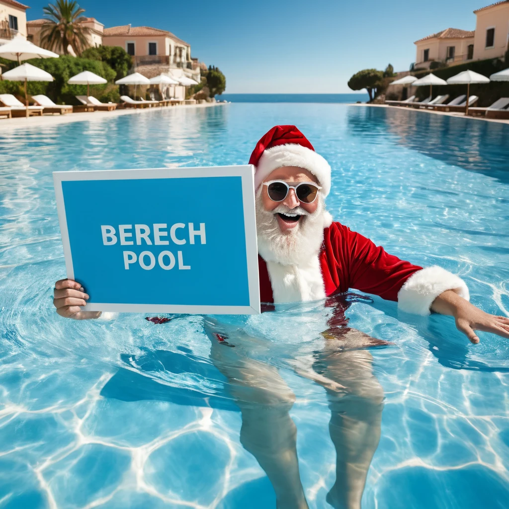 Captures an image from different angles of a swimming pool in which there are white rectangular signs in the water without any text, all posters are the same, In the center of the pool, a fat, smiling Santa Claus bathing in sunglasses floats in the water., very happy and holding a giant blank sign without text in his hands above his head . All the action takes place under a bright sun on a Mediterranean beach with impressive lighting for a perfect shot. Professional photography, 8k, RAW photo, The best quality, masterpiece, photorealistic, Highly detailed, cinematic lighting, sharp focus, réflex digital, high resolution, photorealistic,