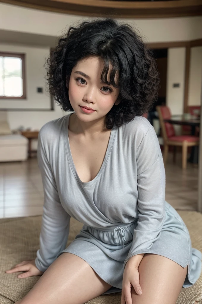 ((my face is very sad)), ((Straddling)), (( curly afro Hairstyle)), (Malaysia female), age 40 years old , chubby face. cute, 8K, photottorialism, retro dress red..plus size. at lake. tan skin. very fat girl.