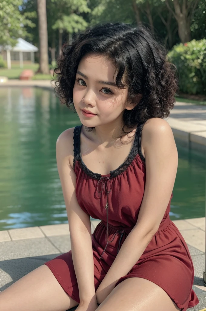 ((my face is very sad)), ((Straddling)), (( curly afro Hairstyle)), (Malaysia female), age 40 years old , chubby face. cute, 8K, photottorialism, retro dress red..plus size. at lake. tan skin. very fat girl.