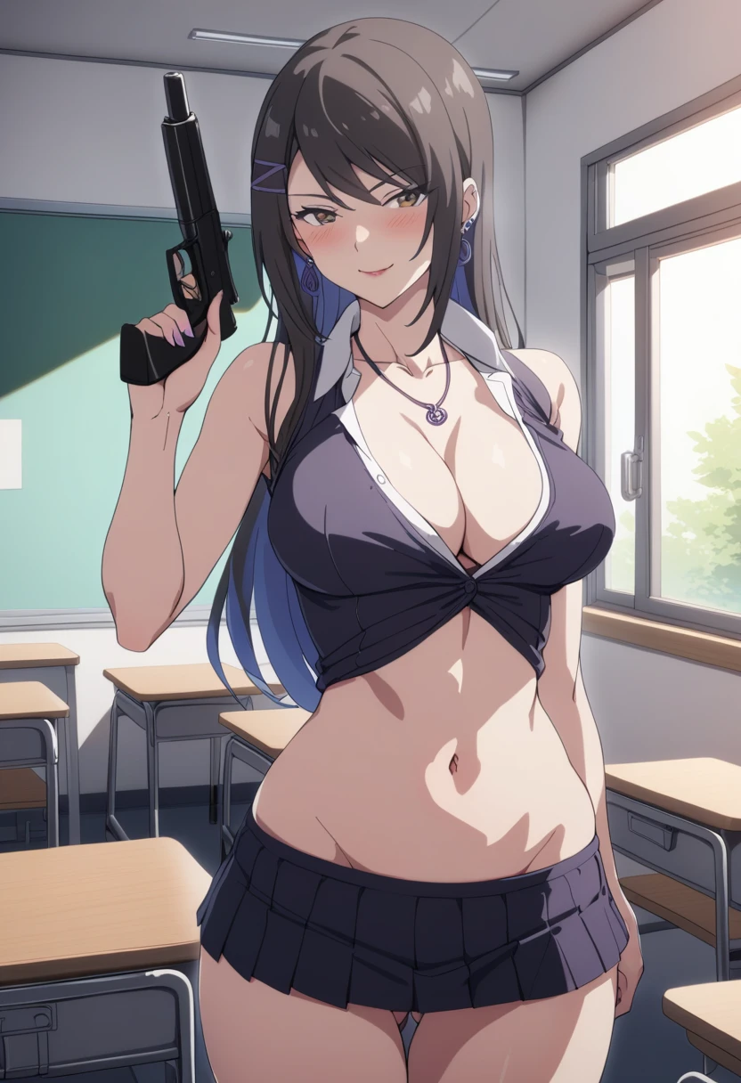 chabashira, 1girl, long hair, black hair, blush, lipstick, masterpiece, best quality, ((unbuttoned , cleavage, necklace, earrings, sexy body,
breasts)) , micro skirt, smiling, navel , exposed belly, exposed navel,(nsfw) not safe for work, school,
classroom , hold a gun, knot, holding pistol, 