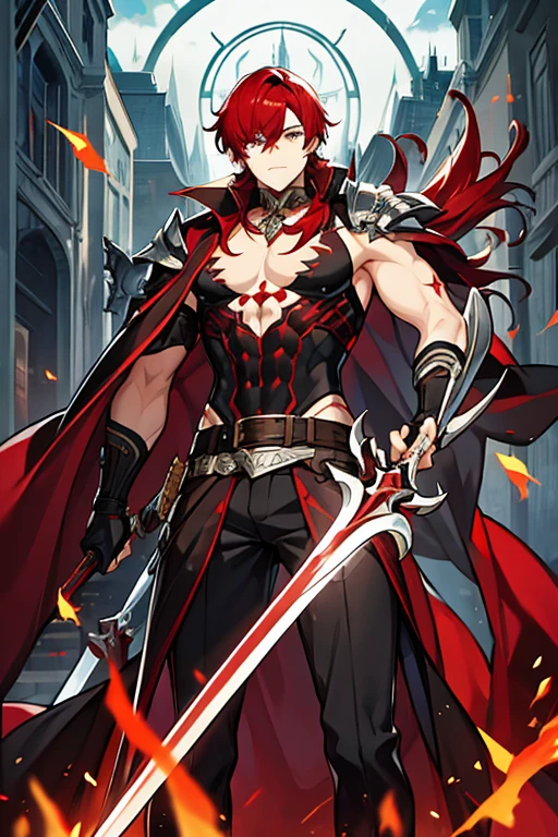 man, black and red hair, with silver armor, with bare chest, with scars, with a sword