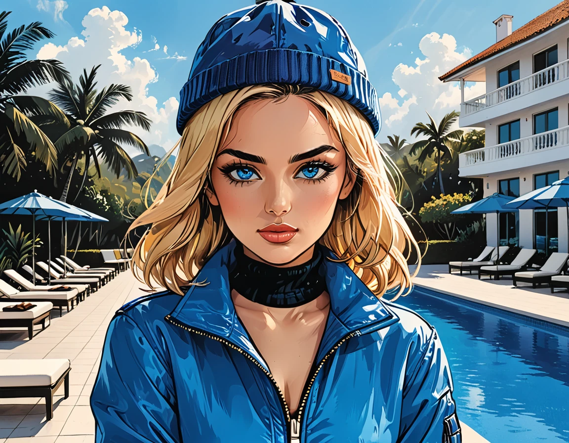 ((hand on own arm):1.5), sad, open mouth, pompom on a hat, (((girl in Blue zipped up down winter jacket and black turtleneck )) and levis (jeans) and blue gloves and (((blue winter hat)))) holding hand on own arm against the backdrop of a white hotel in the tropics,outside, sun lounger, white hotel, swimming pool,adult, [Nordic], perfect Olive skin, Oval Face, Rounded shoulders, (Short blonde Waves hair), snub nose, Arched eyebrows, ((Monolid blue Eyes)), High Round Narrow cheekbones, Dimpled Cheeks, Rounded Chin, Rounded Jawline, Full nude Lips, (blue eyes), Nude Makeup Look, long eyelashes, graphic style of novel comics, perfect hands, 2d, 8k, hyperrealism, masterpiece, high resolution, best quality, ultra-detailed, super realistic, Hyperrealistic art, high-quality, ultra high res, highest detailed, lot of details, Extremely high-resolution details, incredibly lifelike, soft cinematic light,