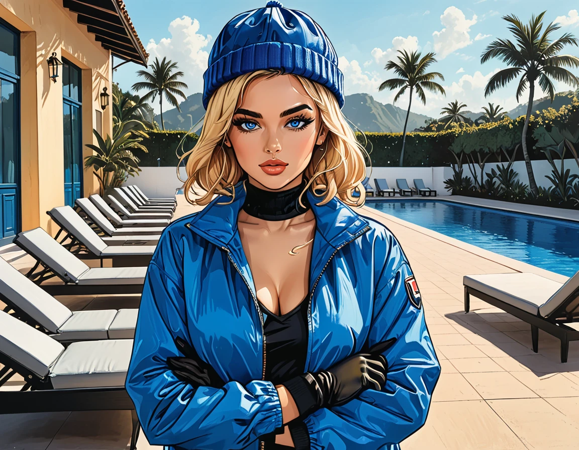 ((hand on own arm):1.5), sad, open mouth, pompom on a hat, (((girl in Blue zipped up down winter jacket and black turtleneck )) and levis (jeans) and blue gloves and (((blue winter hat)))) holding hand on own arm against the backdrop of a white hotel in the tropics,outside, sun lounger, white hotel, swimming pool,adult, [Nordic], perfect Olive skin, Oval Face, Rounded shoulders, (Short blonde Waves hair), snub nose, Arched eyebrows, ((Monolid blue Eyes)), High Round Narrow cheekbones, Dimpled Cheeks, Rounded Chin, Rounded Jawline, Full nude Lips, (blue eyes), Nude Makeup Look, long eyelashes, graphic style of novel comics, perfect hands, 2d, 8k, hyperrealism, masterpiece, high resolution, best quality, ultra-detailed, super realistic, Hyperrealistic art, high-quality, ultra high res, highest detailed, lot of details, Extremely high-resolution details, incredibly lifelike, soft cinematic light,