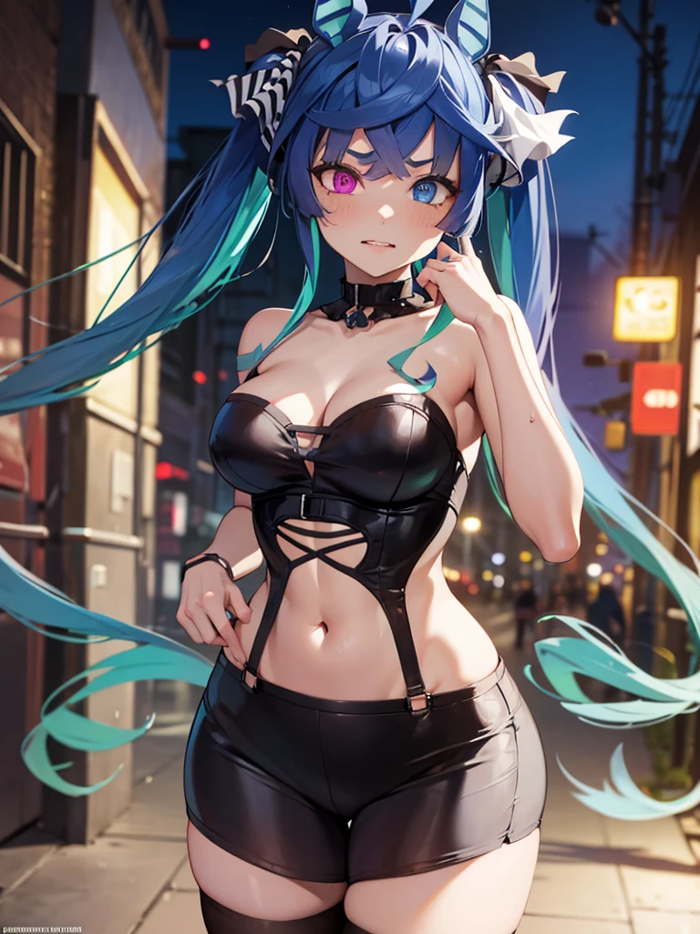 (Masterpiece, best quality, high res、highly detailed cg: 1), ‘Looking for a hooker?’ and a prostitute invites a man to join her. The scene is dominated by a prostitute touting on a quiet, deserted street at night. She is flirtatious with an upward glance. Twin_Turbo_Umamusume, aqua hair, twintails, heterochromia, purple eyes, blue eyes, sharp teeth, nsfw, Seduction, (short stature)