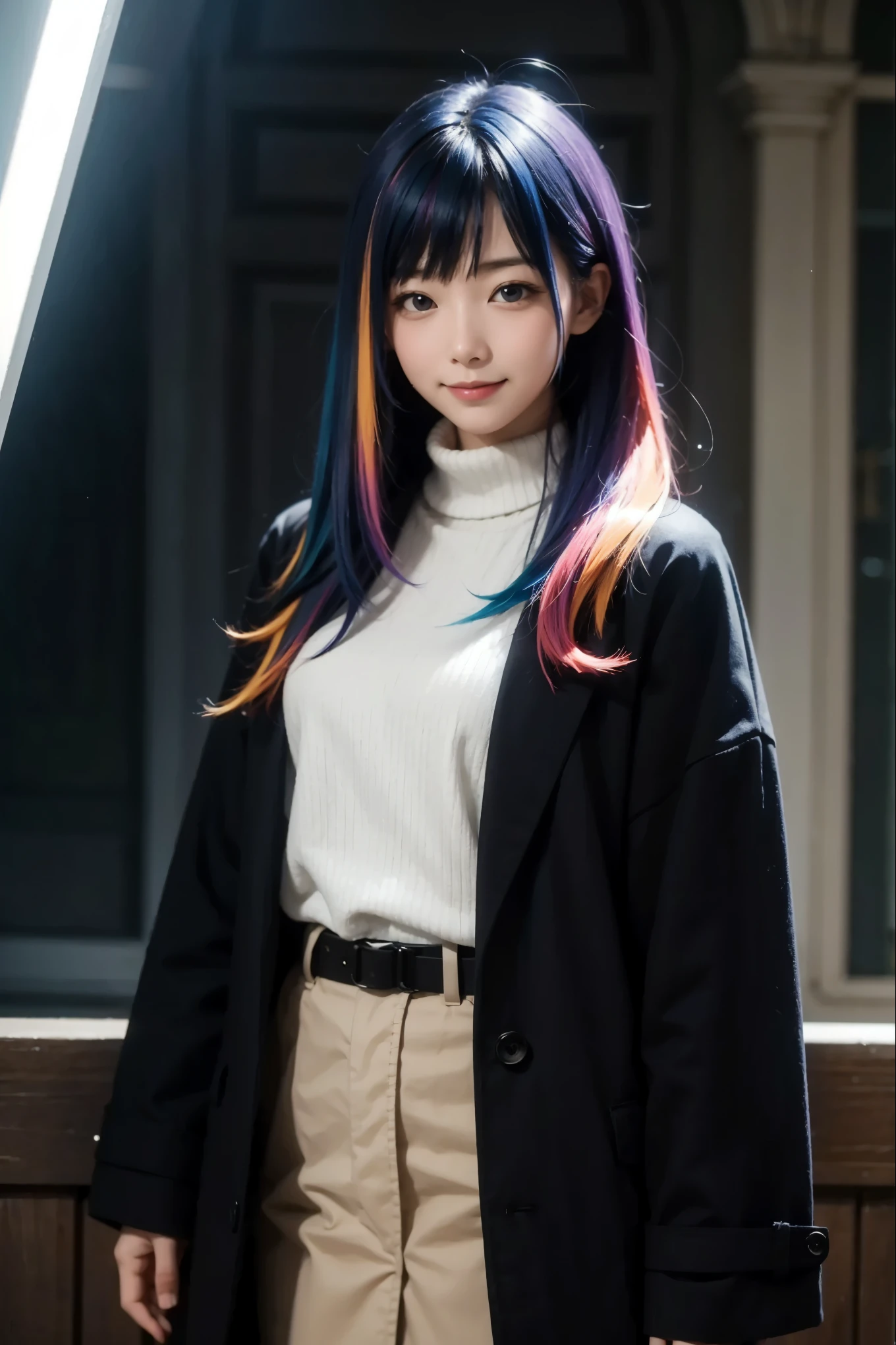 incredibly absurdres absolutely resolution, ultra detailed, official art, 8K wallpaper, masterpiece,
BREAK
bokeh photography, soft focus, multiple exposure, feeling of transparency, reflected light, led lighting,
BREAK
couture design coat, (oversized:1.4) sweater,
BREAK
(multicolor hair:1.4), enormous breasts, Black hair, seductive smile, bashfully smile, mysterious aura,