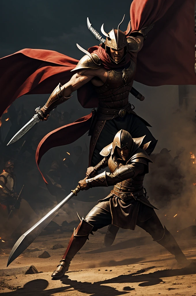 A shadow spear bearer fighting demons