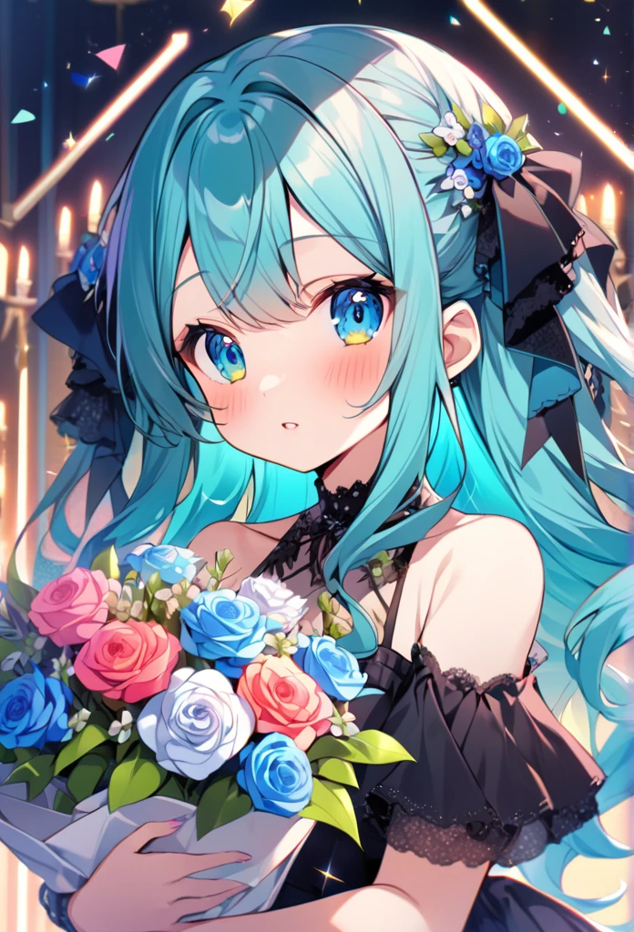 girl holding flowers and candles in her hand, flower, neon, solo, blue eyes, holding, long hair, blush, dress, bangs, bare shoulders, parted lips, bouquet,more_details:-1, more_details:0, more_details:0.5, more_details:1, more_details:1.5, more prism, vibrant color, Hatsune Miku,