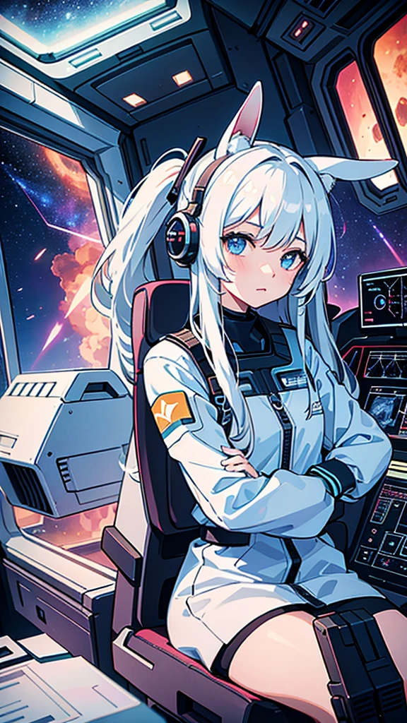universe飞船在外太空飞行. A girl with long white hair and bunny ears sits in the cockpit of a sci-fi spaceship and looks out the window. She saw the cosmic scenery outside the window. Two buttons replace the eyes，Long white hair, Close-up of face, Long-term perspective, 4K, universe, nebula, galaxy, Starship, Alien Spaceship, window, mechanical, Cyberpunk