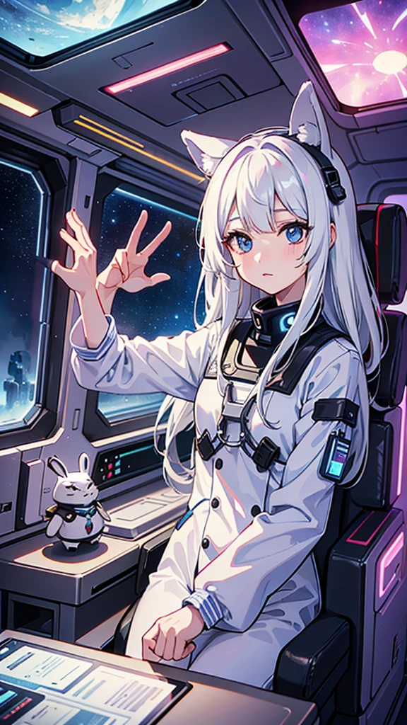 universe飞船在外太空飞行. A girl with long white hair and bunny ears sits in the cockpit of a sci-fi spaceship and looks out the window. She saw the cosmic scenery outside the window. Two buttons replace the eyes,Long white hair, Close-up of face, Long-term perspective, 4K, universe, nebula, galaxy, Starship, Alien Spaceship, window, mechanical, Cyberpunk