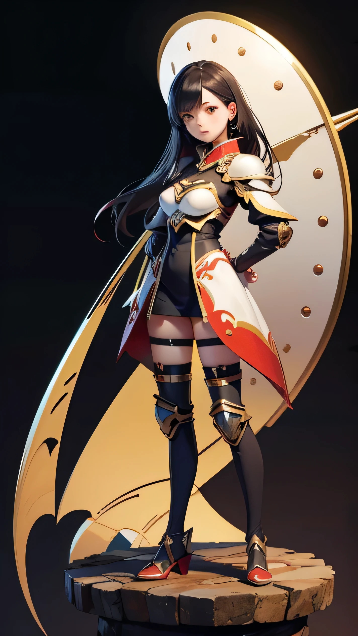 reelmech,woman looking at viewer,red and black background,white and black armor,full figure,anime,japanese girl,realistic