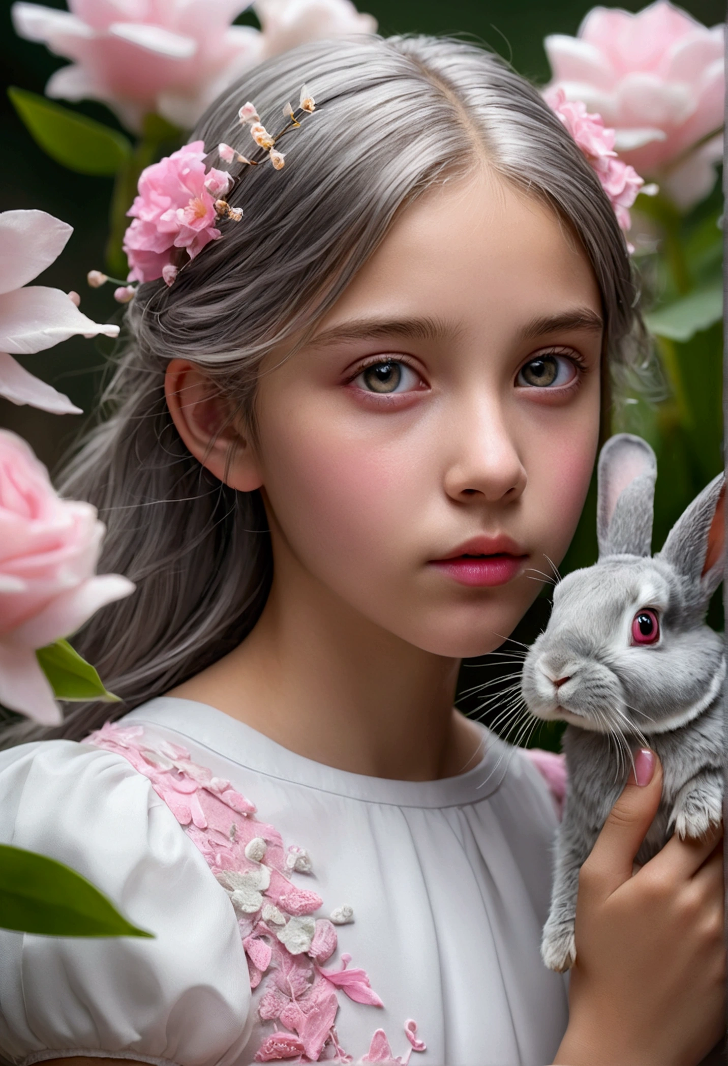 detail, Realism, 4k,  girl, face detail, big yellow eyes, thick lips, splash nose, gray hair with pink highlights, in a white dress, with a rabbit in his hands, Flowers in the background, white butterflies in closeup, realistic shot, depth of field, soft light, glow, HdR (Muted colors: 1.2), Canon RF 100mm F2.8L Macro ES USM