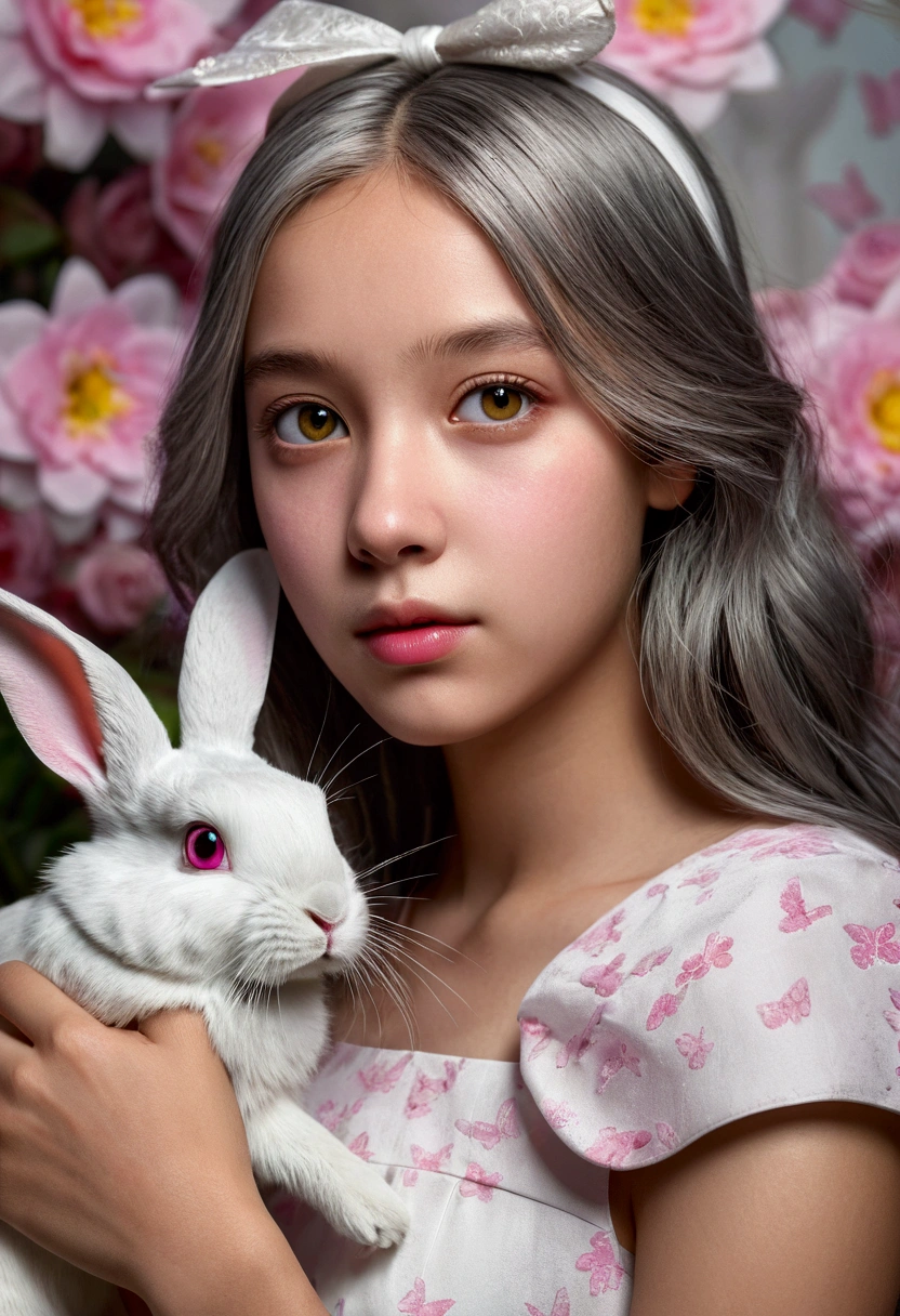detail, Realism, 4k, 15 year old girl, face detail, big yellow eyes, thick lips, splash nose, gray hair with pink highlights, in a white dress, with a rabbit in his hands, Flowers in the background, white butterflies in closeup, realistic shot, depth of field, soft light, glow, HdR (Muted colors: 1.2), Canon RF 100mm F2.8L Macro ES USM