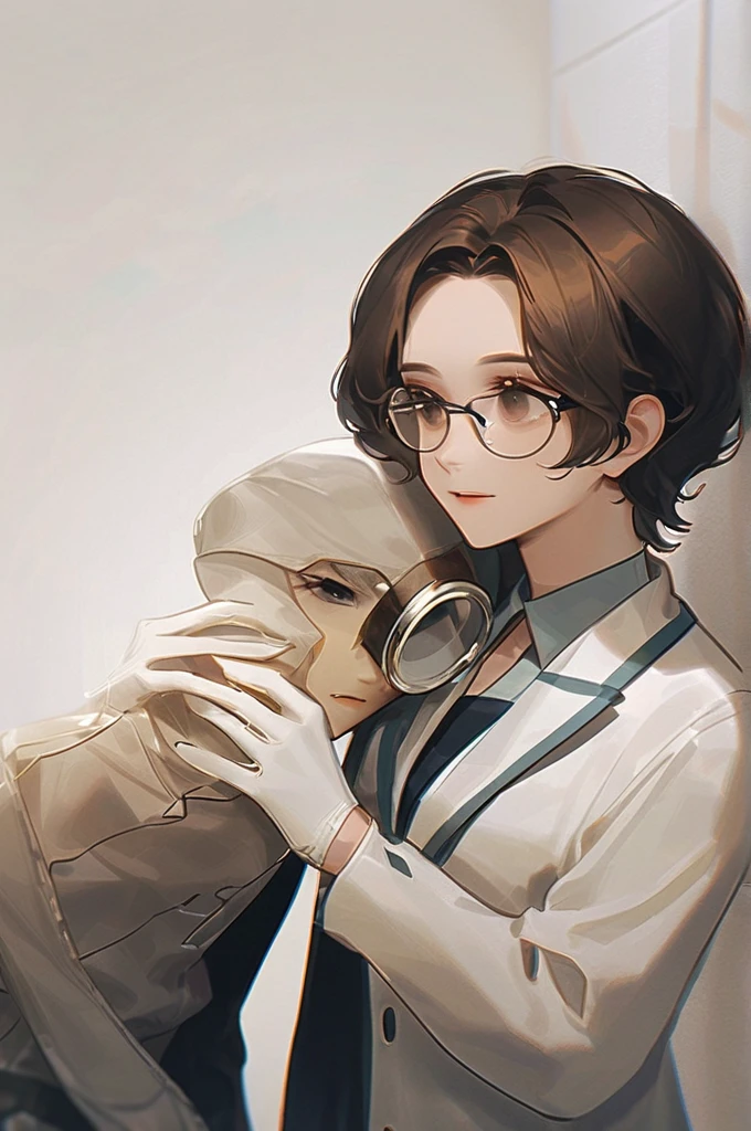 ((Лучшее качество)), ((шедевр)), (подробный), one brown-eyed girl with glasses and dark hair in a medical suit